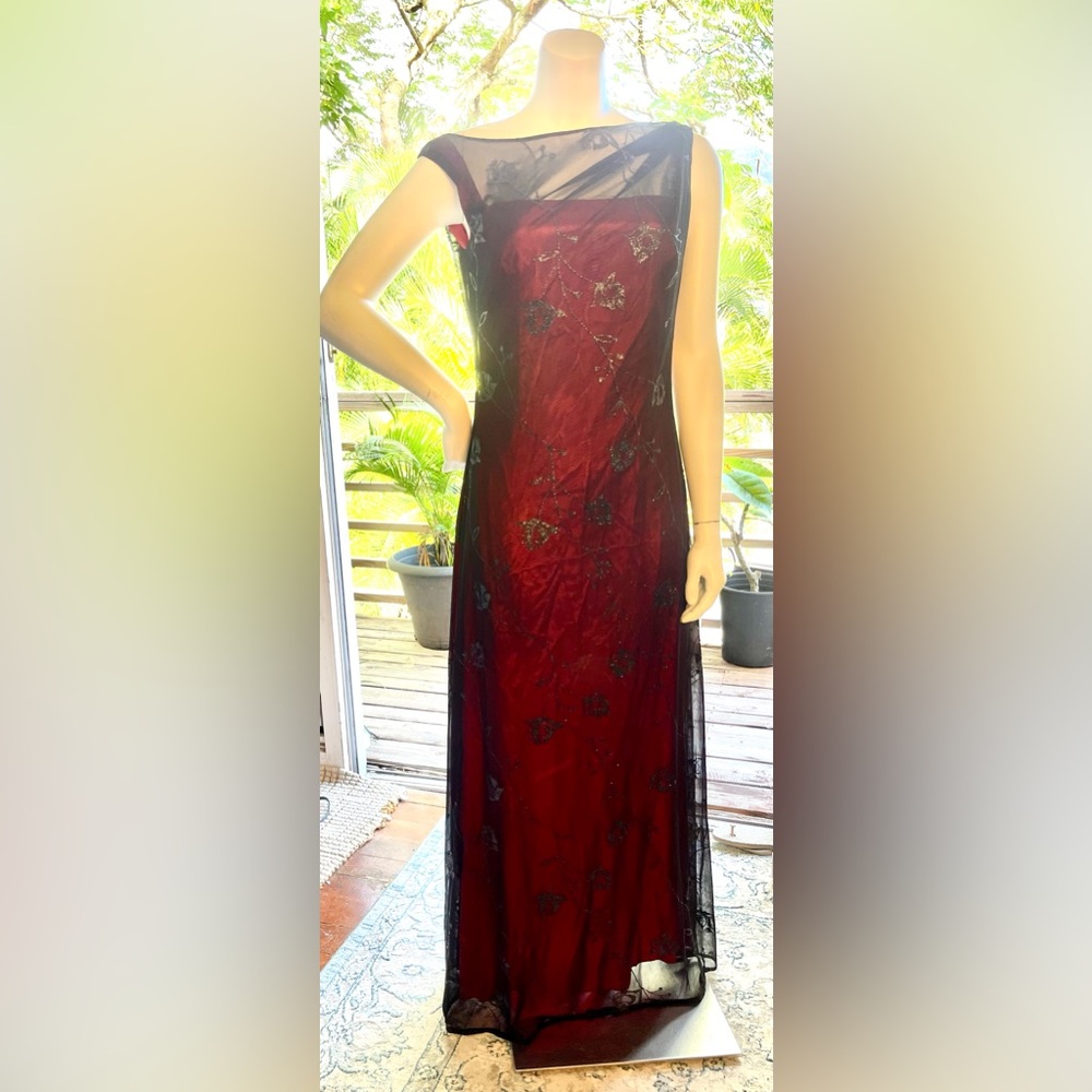 Black & Red gown with Charcoal Floral design Medium 6/8